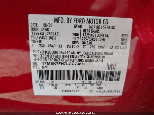 1FMSK7FH7LGC73873 Ford Explorer Limited