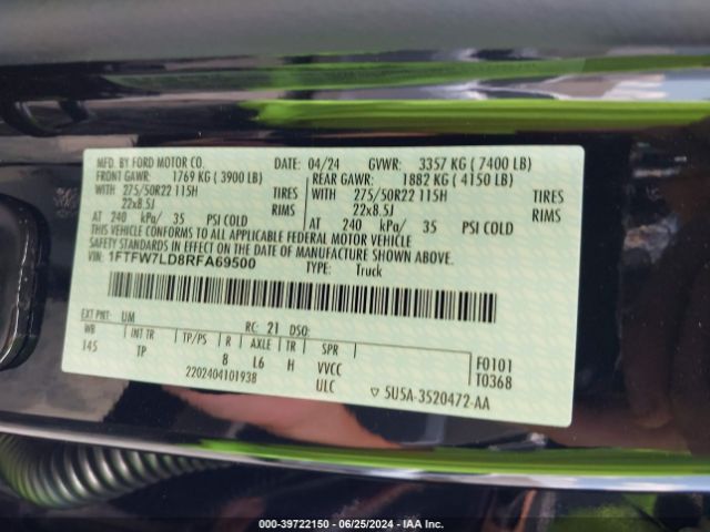 1FTFW7LD8RFA69500 Ford F-150 Platinum