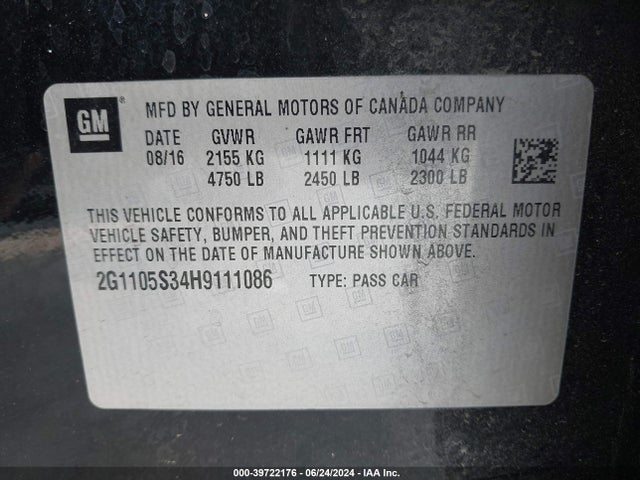 Chevrolet IMPALA 1LT 2017 2G1105S34H9111086 Image 9