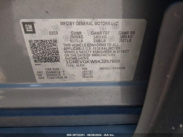 1GNEVGKW5KJ257659 Chevrolet Traverse 1lt