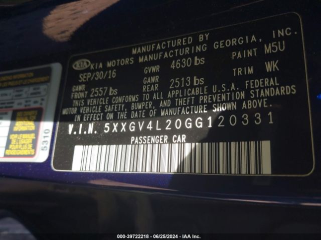 5XXGV4L20GG120331 KIA Optima Sxl Turbo