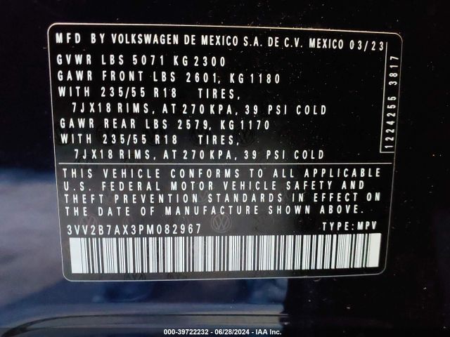 3VV2B7AX3PM082967 Volkswagen Tiguan 2.0t Se