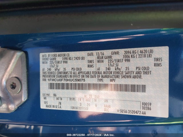 Ford ESCAPE S 2017 1FMCU0F70HUC59075 Image 9