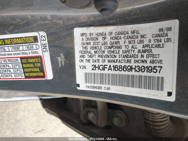 Aukcja sprzedaży 2009 Honda Civic Ex, vin: 2HGFA16869H301957, numer aukcji: 39722253