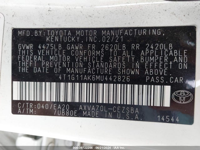 Toyota CAMRY SE 2021 4T1G11AK6MU442826 Image 9