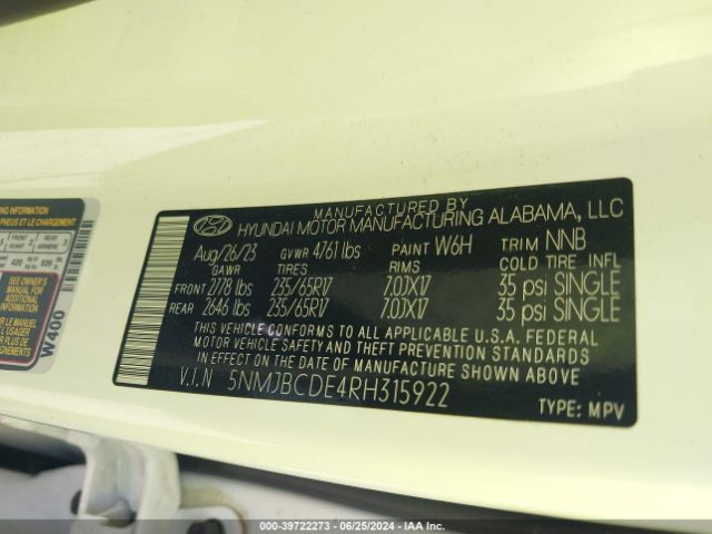 5NMJBCDE4RH315922 Hyundai TUCSON SEL