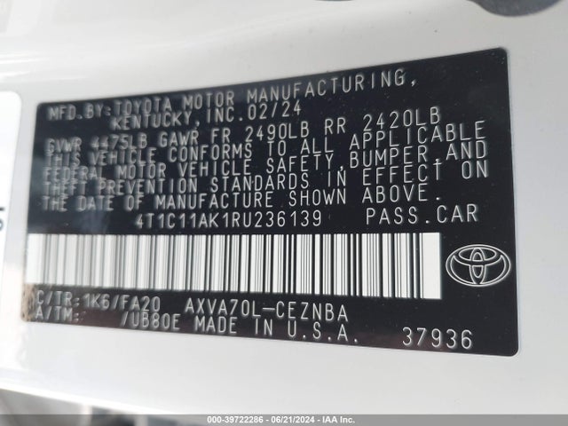 Toyota CAMRY LE 2024 4T1C11AK1RU236139 Image 9