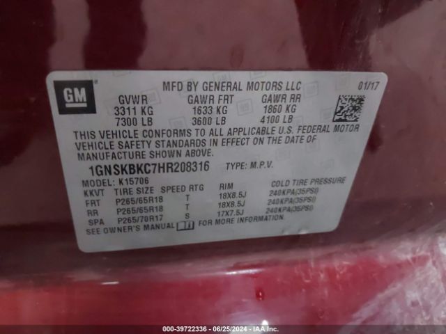 1GNSKBKC7HR208316 Chevrolet Tahoe Lt