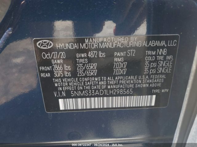5NMS33AD1LH298565 Hyundai Santa Fe Sel