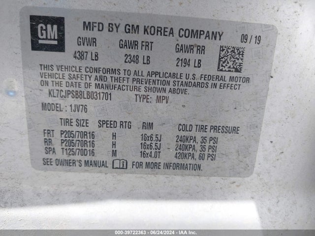 Chevrolet Trax Awd Lt 2020 KL7CJPSB8LB031701 Image 9