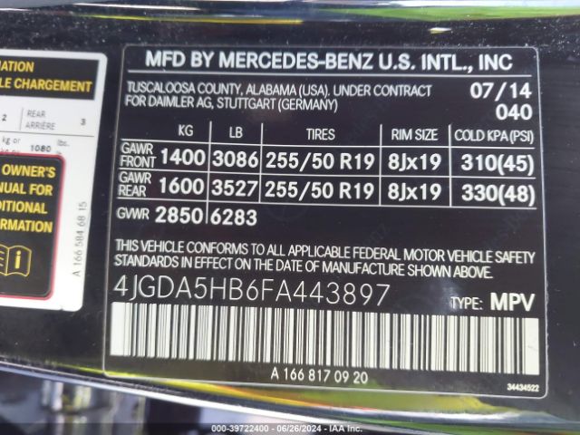 4JGDA5HB6FA443897 Mercedes-Benz Ml 350 4matic
