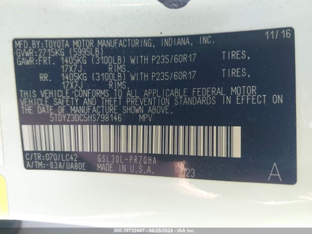 5TDYZ3DC5HS798146 Toyota Sienna Xle 8 Passenger