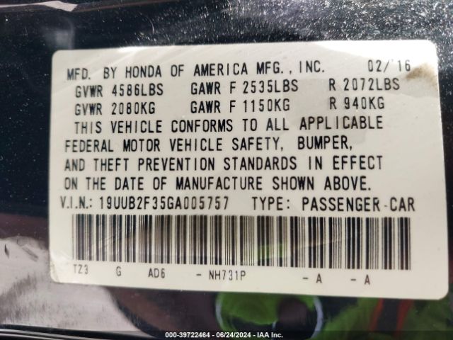 19UUB2F35GA005757 Acura Tlx V6