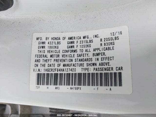 Honda Accord Ex-l 2017 1HGCR2F84HA127420 Image 9