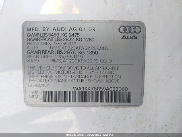 2009 Audi Q5 3.2 Premium მანქანა იყიდება აუქციონზე, vin: WA1KK78R59A022060, აუქციონის ნომერი: 39722538