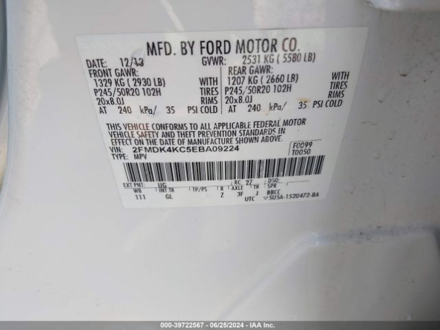 2FMDK4KC5EBA09224 Ford Edge Limited