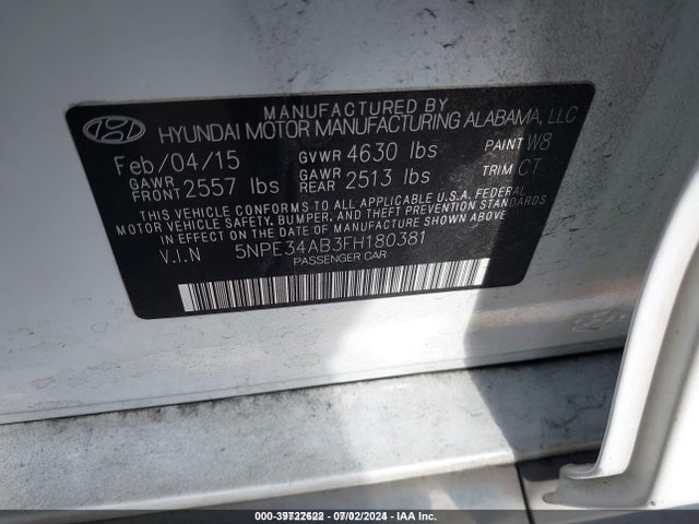 Hyundai Sonata Limited 2.0t 2015 5NPE34AB3FH180381 Image 9