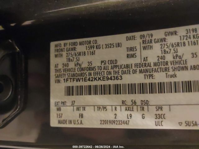 1FTFW1E42KKE94363 Ford F-150 Xlt