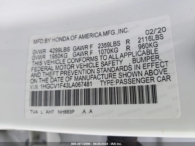 Honda ACCORD EX 2020 1HGCV1F43LA067481 Image 9