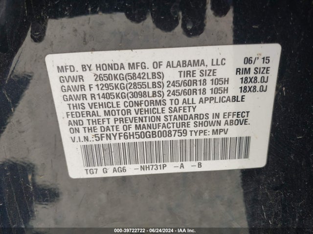 Honda Pilot 2016 5FNYF6H50GB008759 Image 22