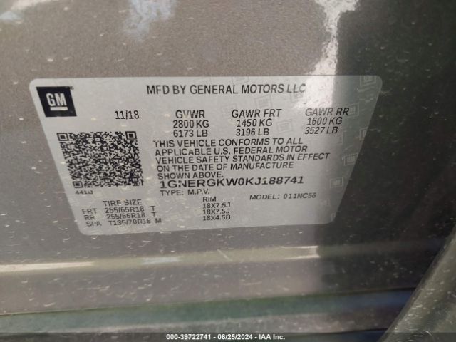 1GNERGKW0KJ188741 Chevrolet Traverse 1lt