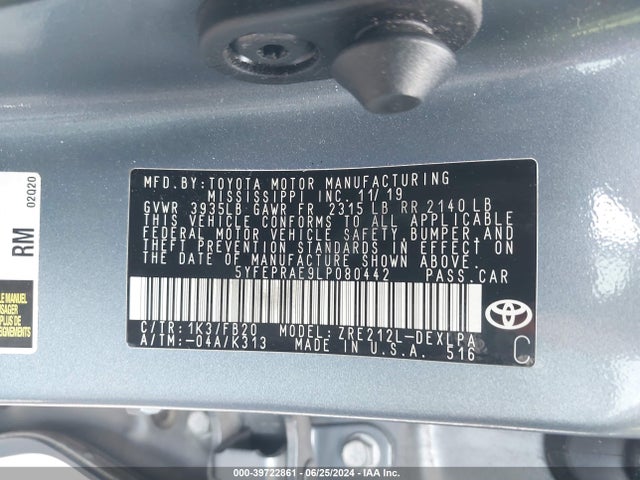 Toyota COROLLA LE 2020 5YFEPRAE9LP080442 Image 9