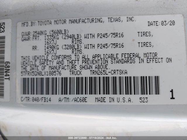 5TFRX5GN0LX180576 Toyota Tacoma Sr