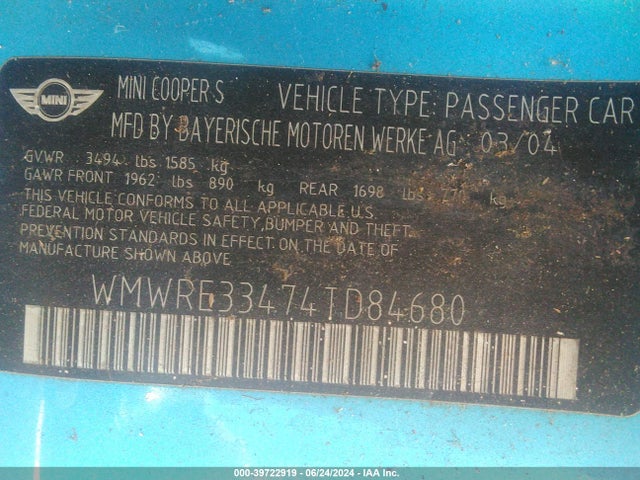 2004 MINI COOPER S WMWRE33474TD84680 Photo 8