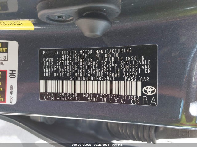 Toyota COROLLA SE 2019 5YFBURHE9KP875944 Image 9