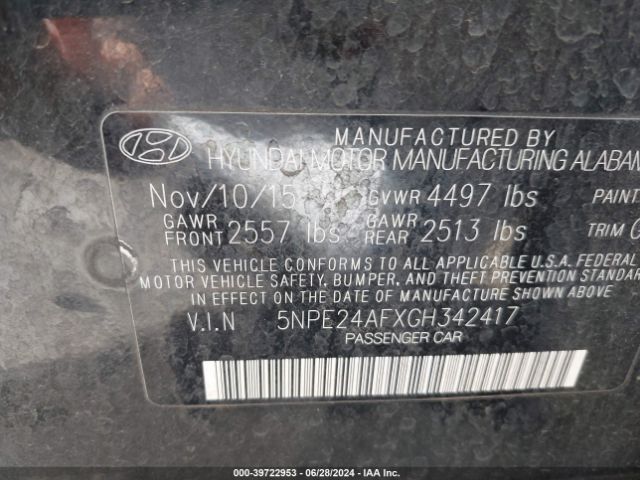 5NPE24AFXGH342417 Hyundai SONATA SE