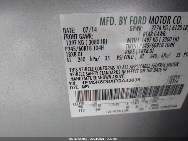 Ford EXPLORER XLT 2015 1FM5K8D8XFGA43836 Image 9