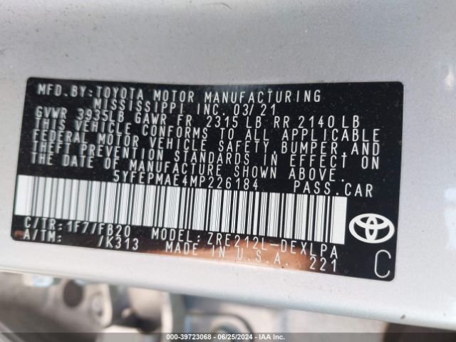5YFEPMAE4MP226184 Toyota COROLLA LE