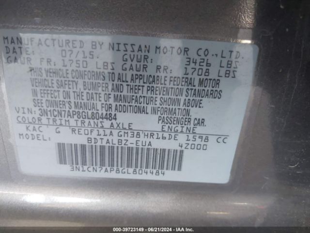 3N1CN7AP8GL804484 Nissan Versa 1.6 S/1.6 S+/1.6 Sl/1.6 Sv