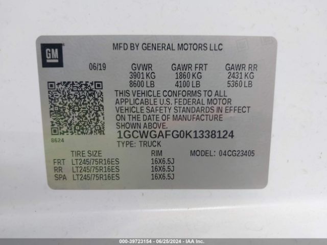1GCWGAFG0K1338124 Chevrolet Express 2500 Work Van