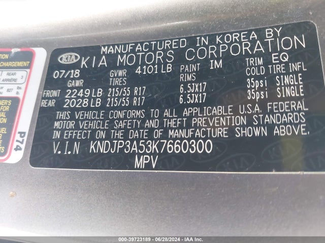 KIA SOUL + 2019 KNDJP3A53K7660300 Image 9