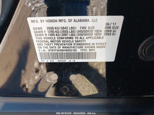 5FNYF6H06HB053162 Honda Pilot Elite