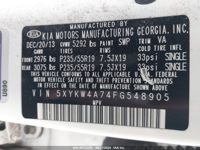 5XYKW4A74FG548905 KIA Sorento Limited V6