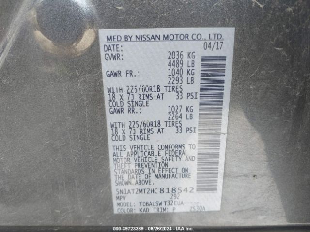 5N1AT2MT2HC818542 Nissan Rogue Sl
