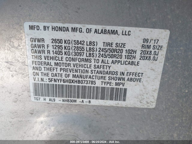 Honda Pilot Elite 2017 5FNYF6H0XHB073785 Image 9