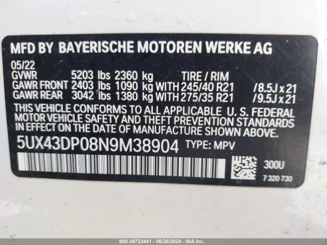 5UX43DP08N9M38904 BMW X3 Sdrive30i