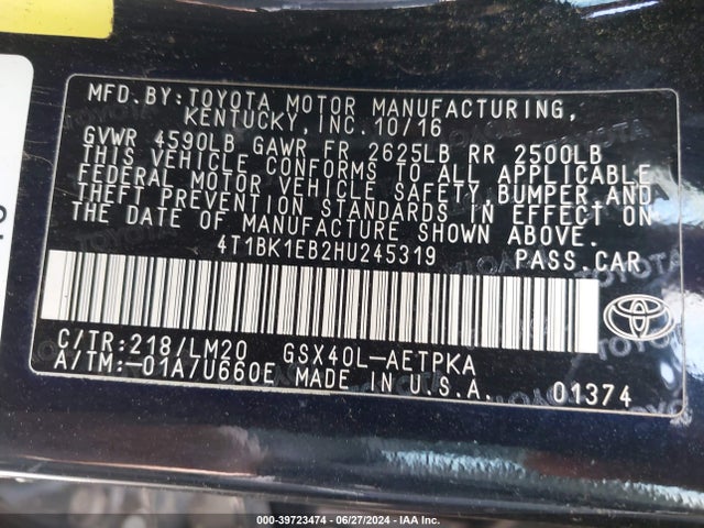 Toyota AVALON LIMITED 2017 4T1BK1EB2HU245319 Image 9