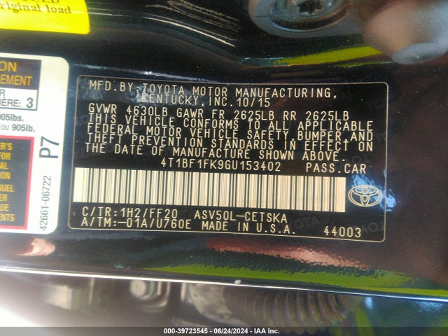 Toyota CAMRY SE 2016 4T1BF1FK9GU153402 Image 9