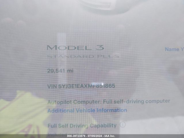 5YJ3E1EAXMF851865 Tesla Model 3 Standard Range Plus Rear-wheel Drive