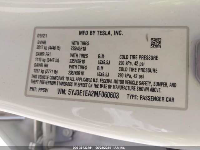 5YJ3E1EA2MF060603 Tesla Model 3 Standard Range Plus Rear-wheel Drive