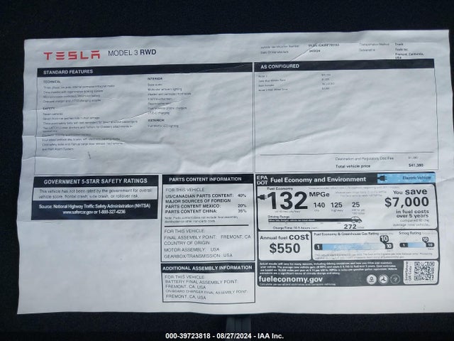 2024 Tesla Model 3 Rear-wheel Drive მანქანა იყიდება აუქციონზე, vin: 5YJ3E1EA0RF755153, აუქციონის ნომერი: 39723818