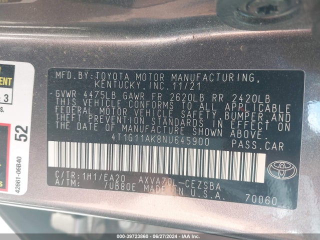 Toyota CAMRY SE 2022 4T1G11AK8NU645900 Image 9