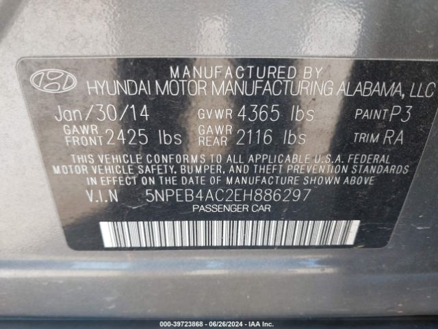 5NPEB4AC2EH886297 Hyundai SONATA GLS
