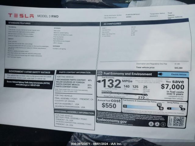 5YJ3E1EA1RF751211 Tesla Model 3 Rear-wheel Drive