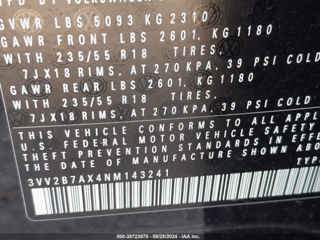 3VV2B7AX4NM143241 Volkswagen Tiguan 2.0t Se