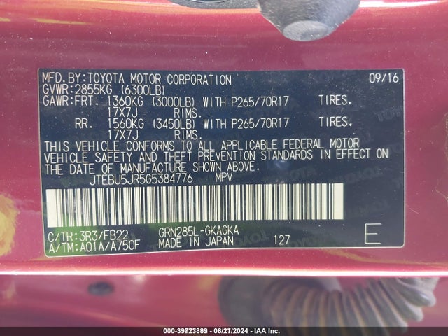 Toyota 4RUNNER SR5 2016 JTEBU5JR5G5384776 Image 9